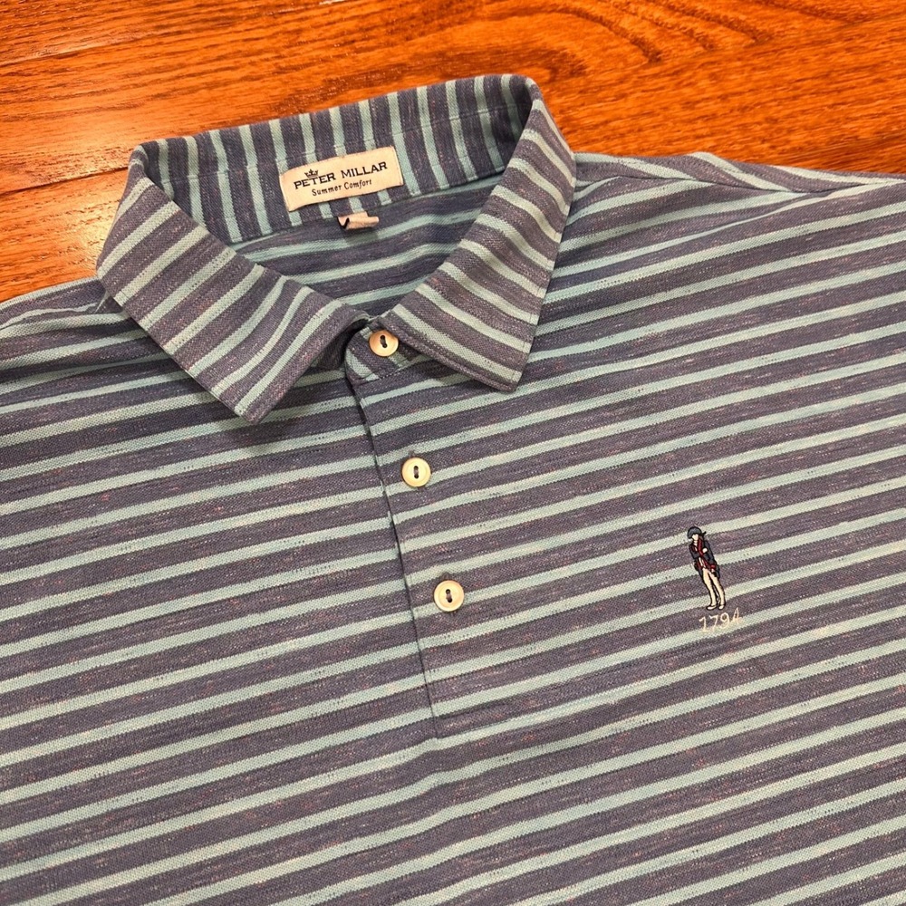 Peter Millar Summer Comfort Golf Polo Shirt Mens XL Blue Patriot Solider Logo